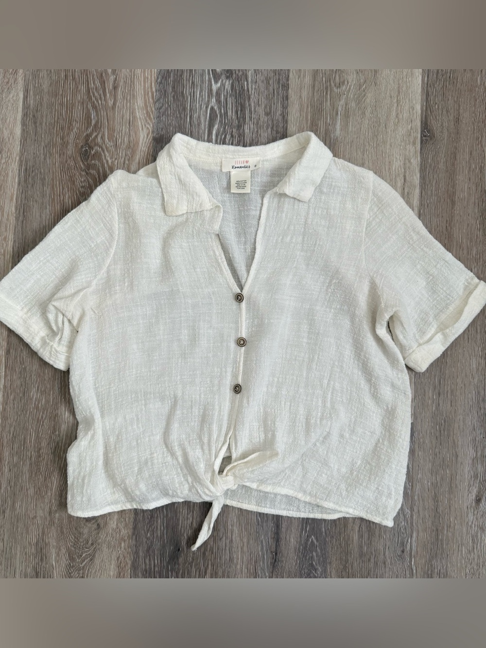 URBAN Romantics Cream Button-Front Tie Hem Short Sleeve Shirt